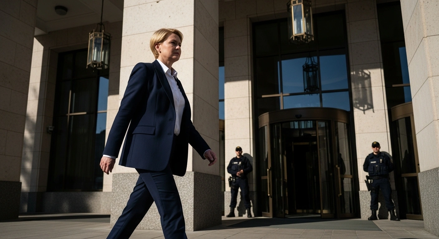Sviatlana Tsikhanouskaya, the Belarusian opposition leader, walks confidently towards a well-lit office building, flanked by subtle security personnel, symbolizing her reinstated top-level security and the resumption of her office operations in Vilnius.