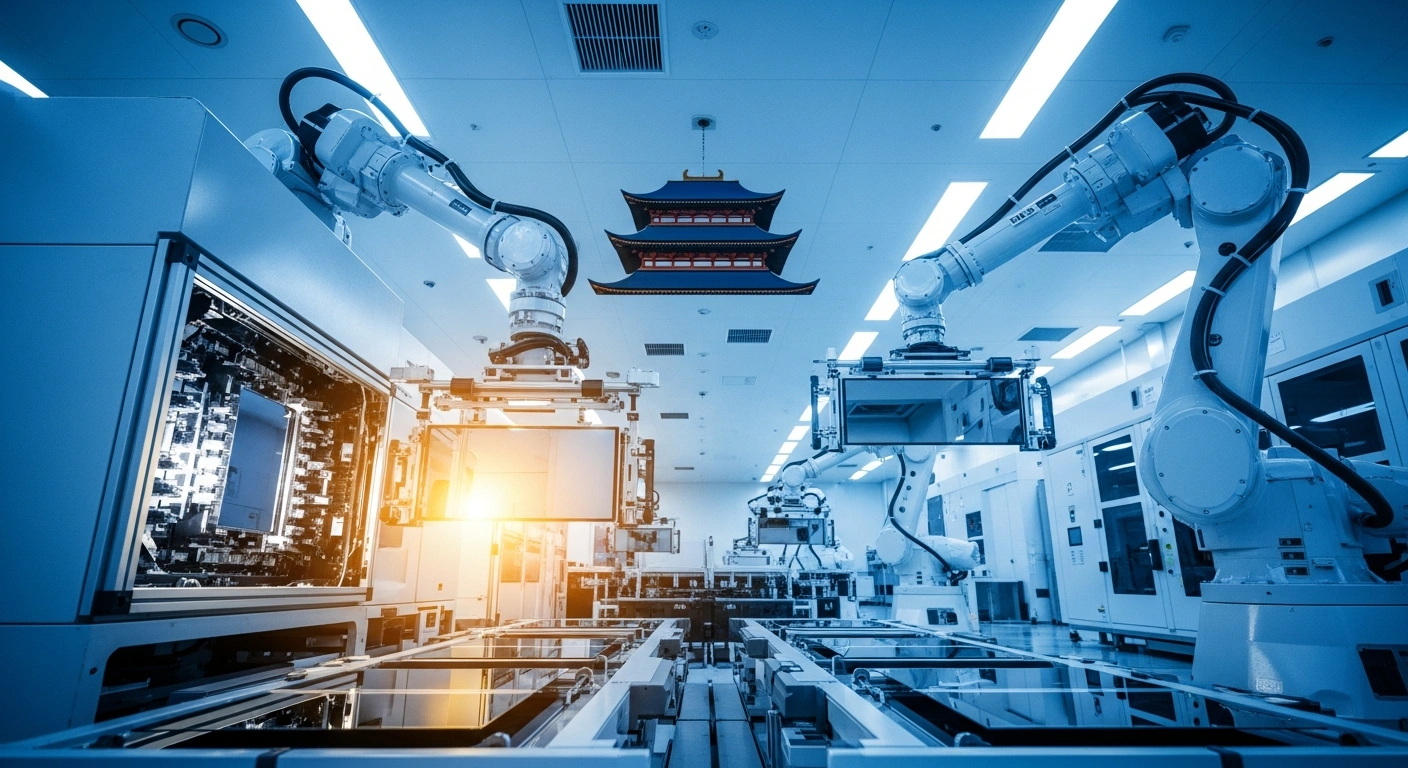 A photorealistic, wide-angle view inside a pristine, ultra-modern semiconductor fabrication plant, showcasing robotic arms precisely handling silicon wafers under cool blue and white lighting with golden accents, representing TSMC's advanced 3-nanometer AI chip manufacturing at its new $17 billion factory in Kumamoto, Japan, slated for 2027.