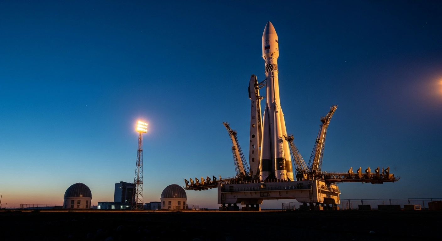 A Russian space rocket stands on a launchpad at the TsNIIMash research facility to commemorate the institute's 80th anniversary of contributions to the aerospace industry.