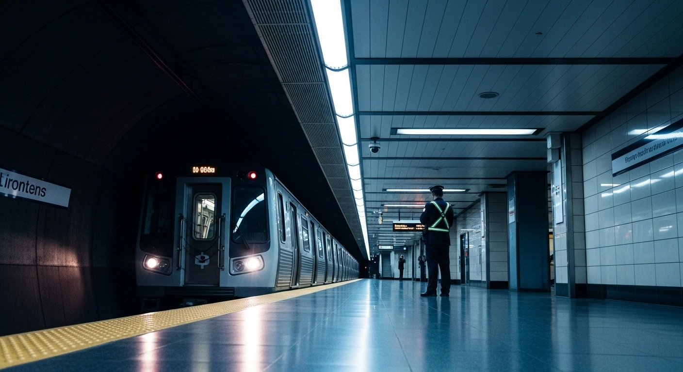 A Toronto Transit Commission subway train pulls into a station as a transit operator stands on the platform following a ruling against random drug and alcohol testing.