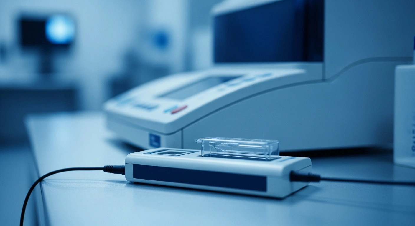 A modern medical device used for rapid tuberculosis diagnosis sits on a sterile laboratory table to represent the global effort for early disease detection.