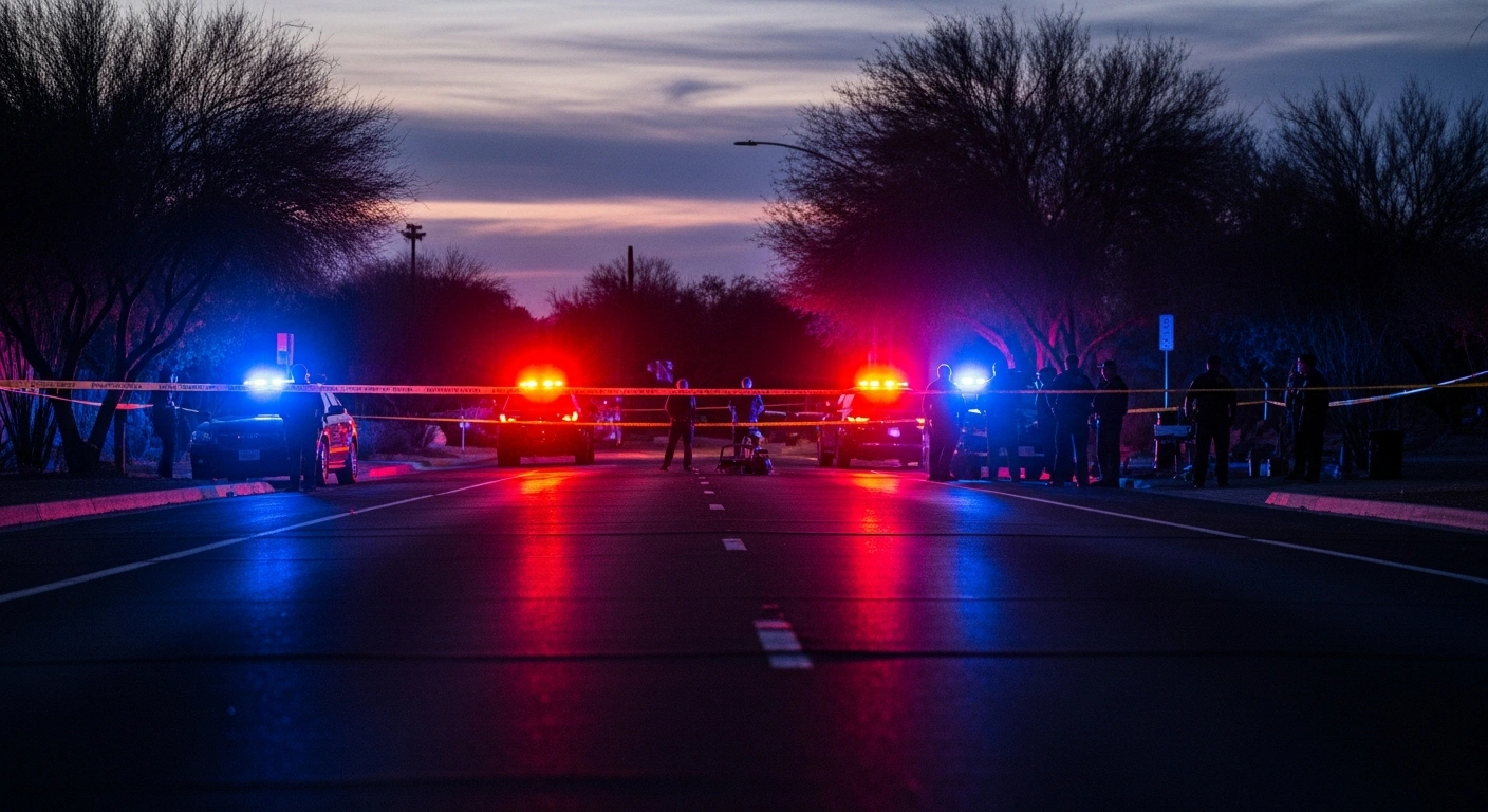 Police officers investigate a cordoned-off crime scene in Tucson, Arizona, following a mass shooting incident.
