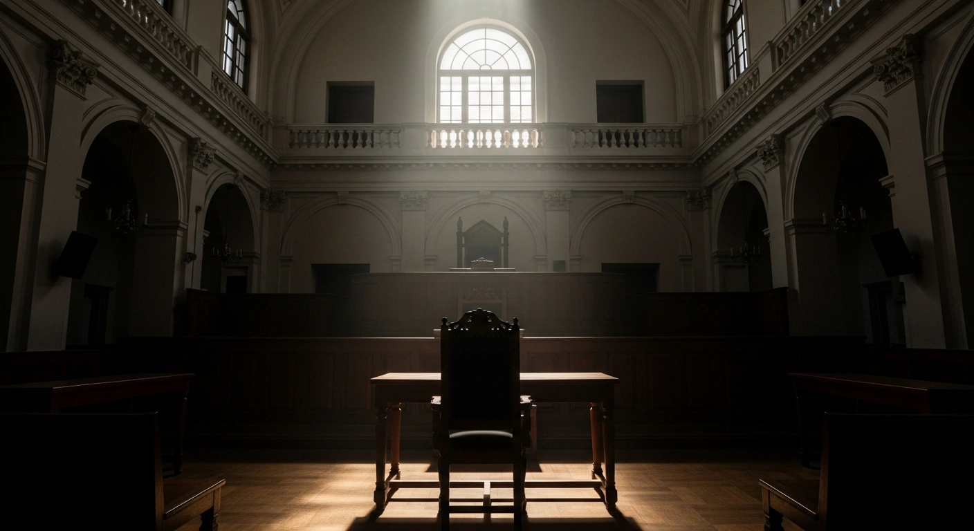 A dimly lit, colonial-era Bangladeshi courtroom features an ornate, empty wooden chair at the defense table, illuminated by a stark shaft of light, symbolizing the in absentia sentencing of British Labour MP Tulip Siddiq by a Bangladesh court for corruption charges.
