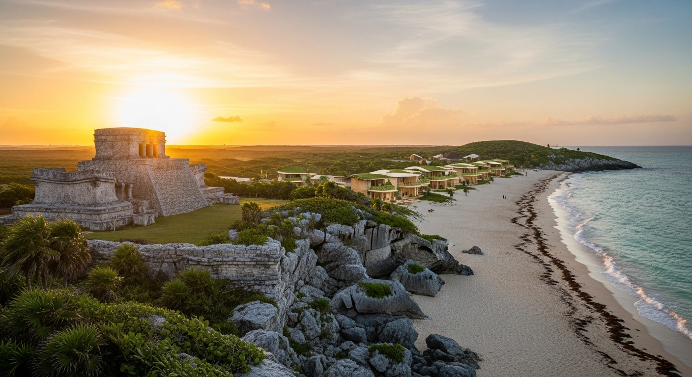 A wide shot of the Caribbean coast of Tulum at sunset, featuring ancient Mayan ruins, a pristine beach, and eco-friendly structures, symbolizing the Mexican government's 'Tulum Reborn' 128-action strategy to reverse tourism decline and ensure a fairer, safer, and more sustainable future.