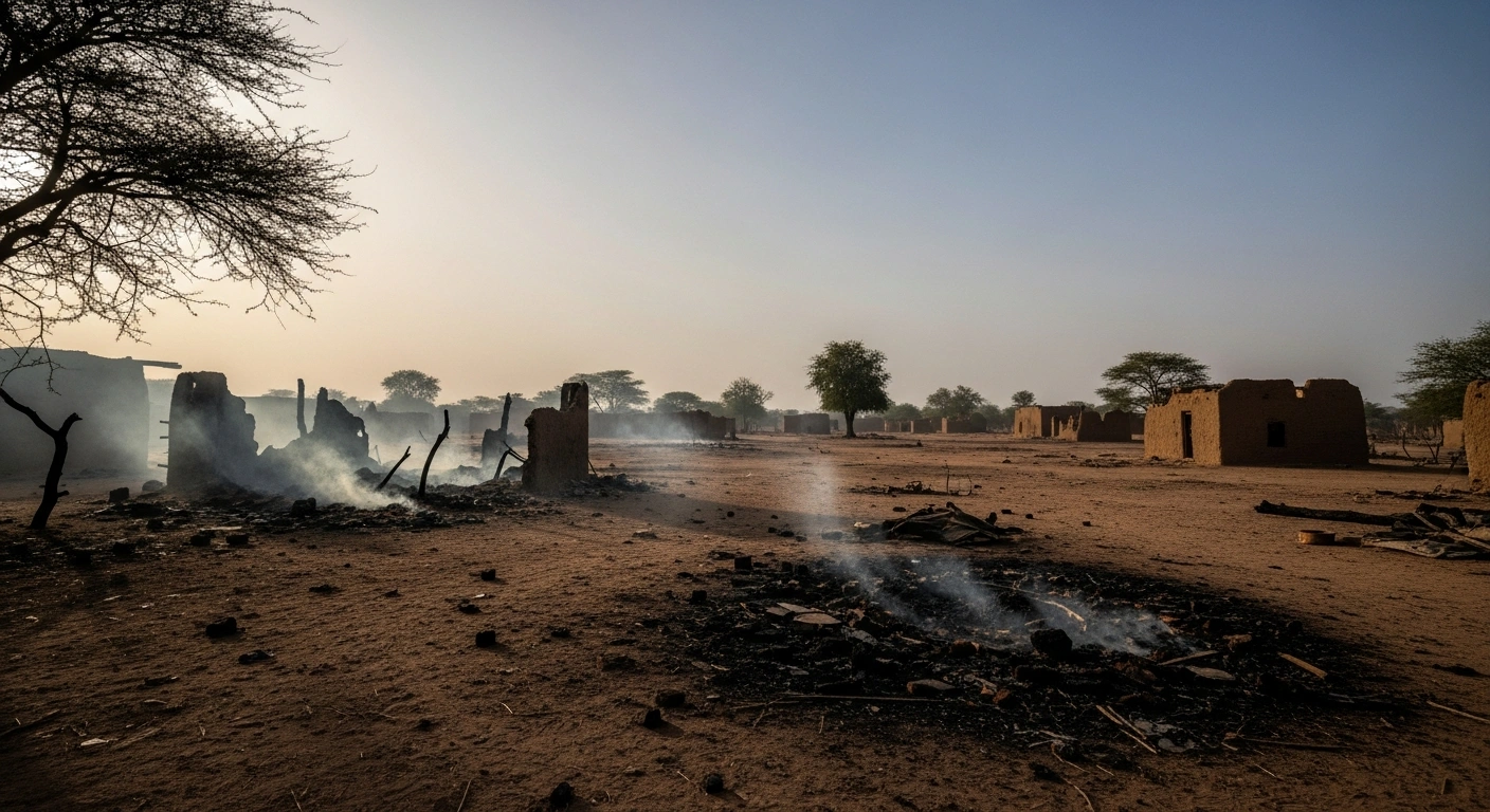 A desolate, dust-choked village in northern Nigeria at pre-dawn, with smoke rising from charred structures, depicting the aftermath of an armed attack by gunmen in Tungan Dutsi, Zamfara State, where many were killed and women and children abducted.
