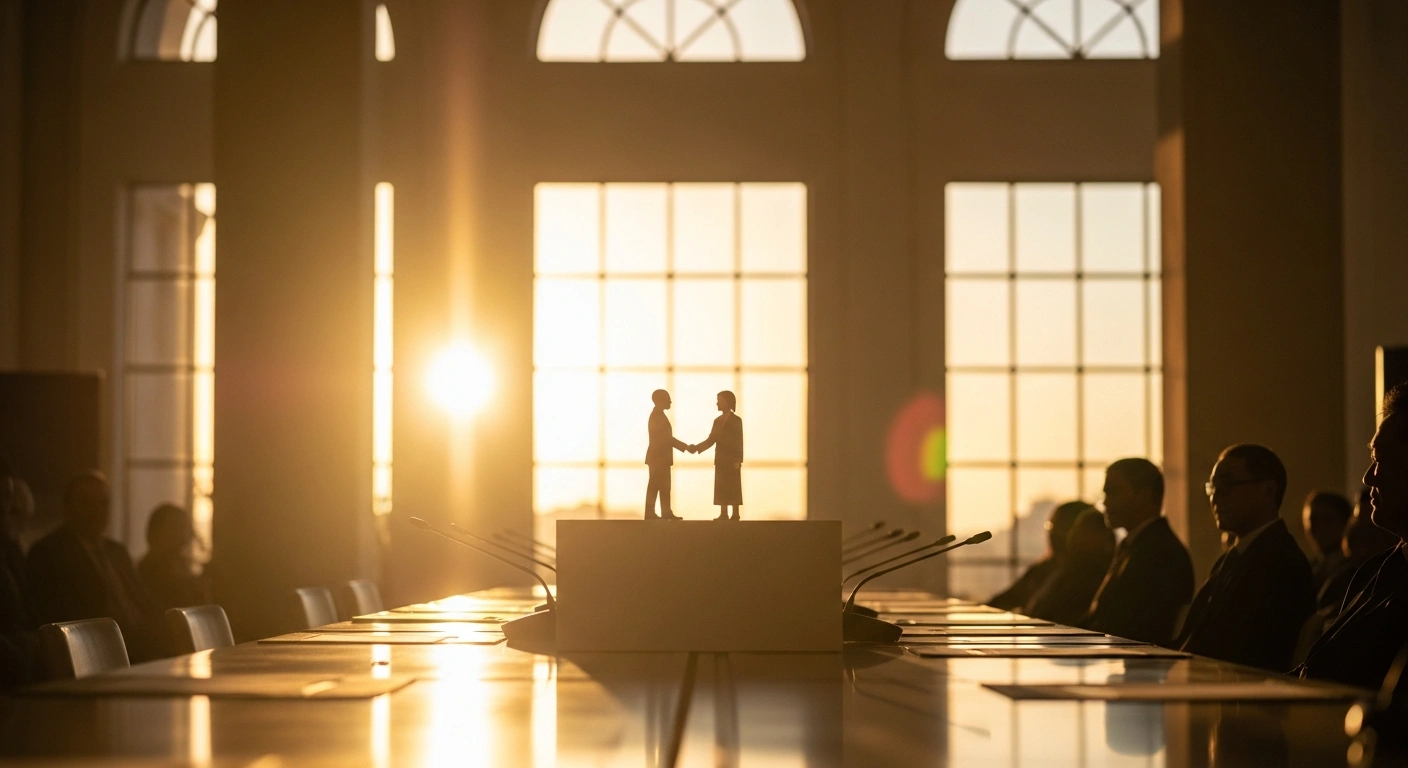 Two representatives, one African and one Asian, stand at a podium in a sunlit conference hall, symbolizing the strengthened public health cooperation and deepened medical exchanges between China and African nations at the inaugural Tunis Forum on the Development of Sino-African Medicine, co-organized by the Tunisian Health Ministry and China's National Health Commission.