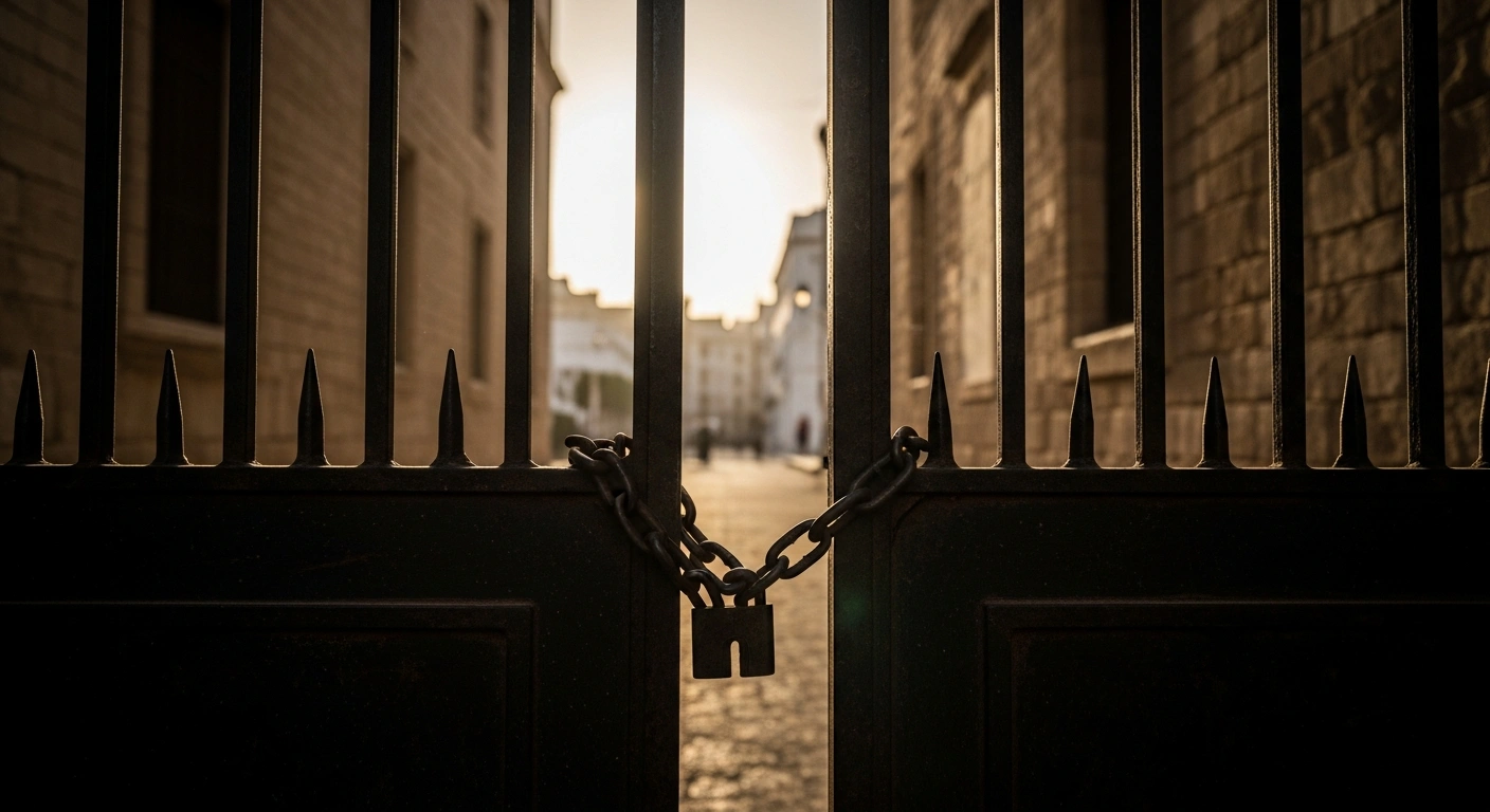 A locked iron gate stands in front of a government building in Tunisia, representing the government-ordered suspension of the Tunisian Forum for Economic and Social Rights.