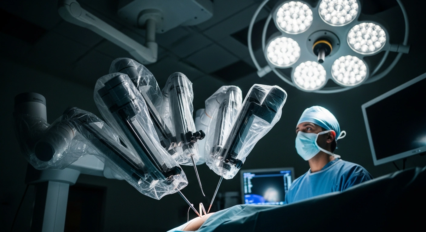 A South Korean 'Revo-i' surgical robot performs a cholecystectomy, its metallic arm precisely positioned over a patient, while Dr. Ramzi Nouira observes intently on a monitor in Tunisia's first robotic surgery center at Charles Nicolle Hospital in Tunis.