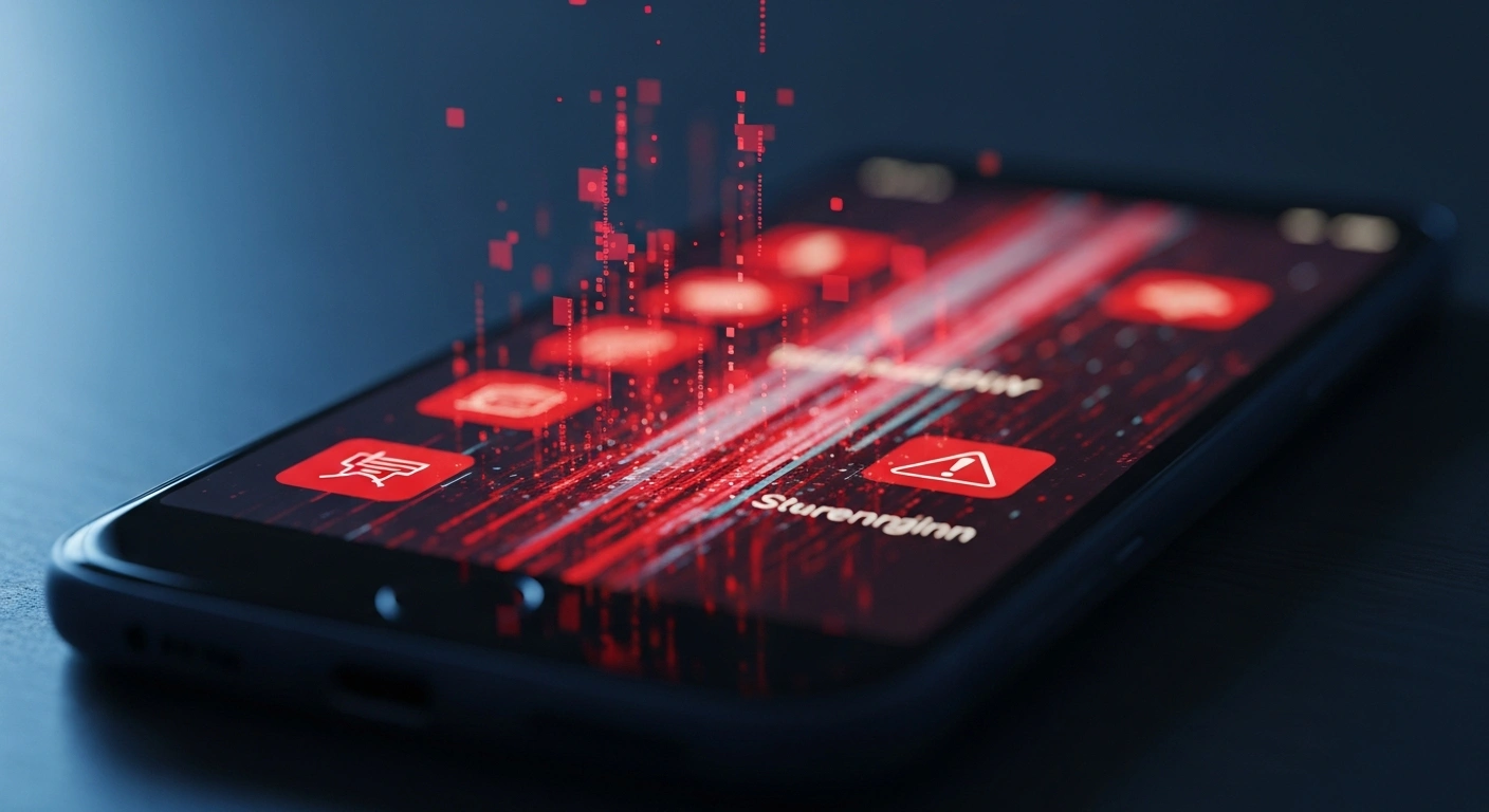 A smartphone screen displays digital glitches and warning icons following a cyberattack on the Tunisie Telecom mobile application notification system.