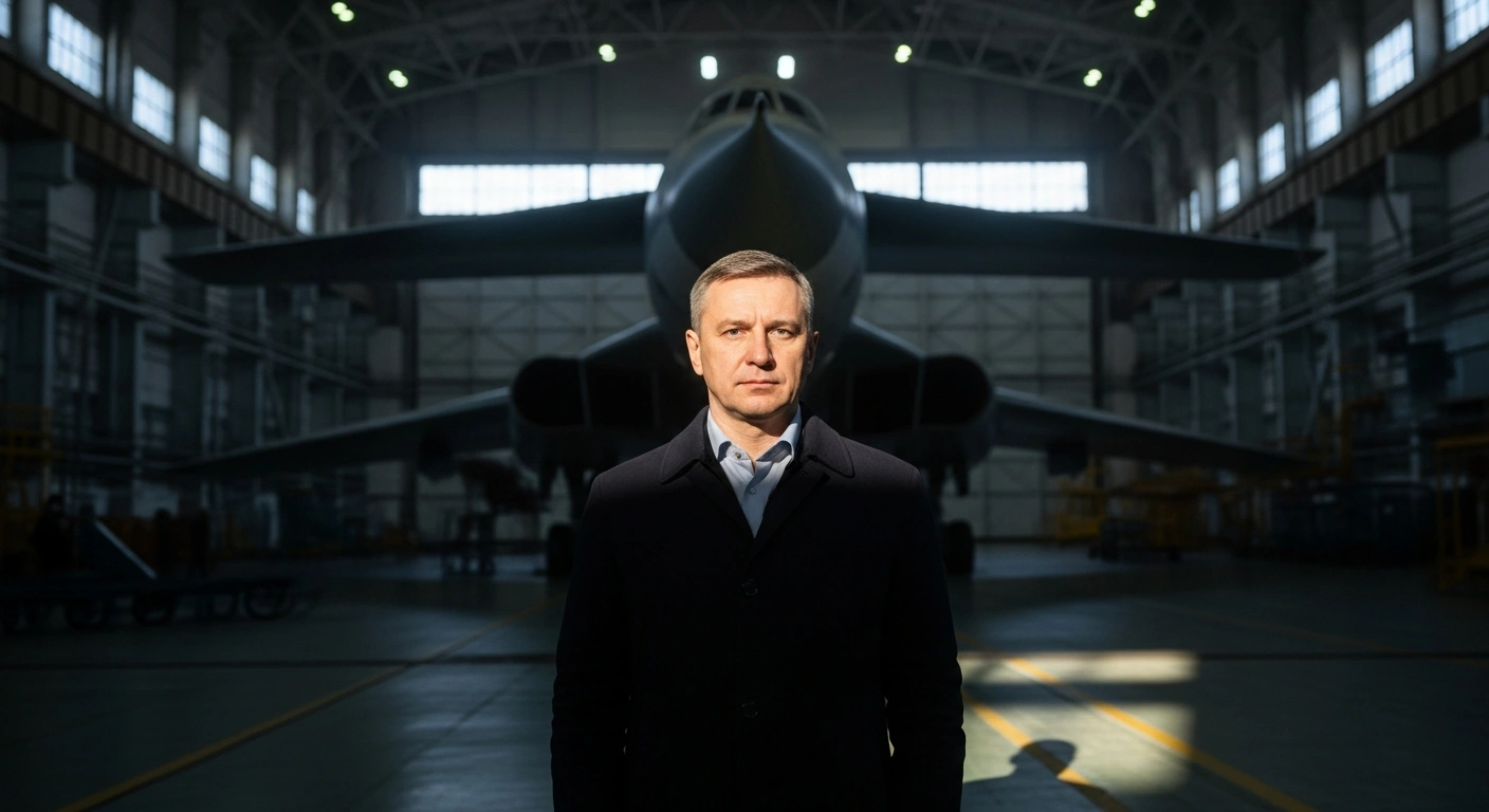 Yuriy Ambrosimov, the newly appointed CEO of Russia's Tupolev aircraft company, stands in a dimly lit hangar with the silhouette of a strategic bomber in the background, symbolizing the challenges of missed delivery targets and substantial legal claims.