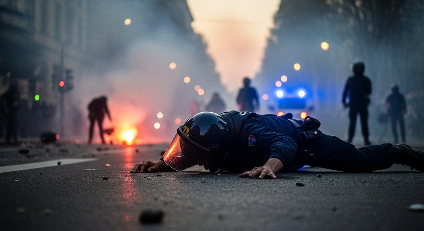 A chaotic street scene in Turin, Italy, showing a fallen security force member amidst smoke and flashing emergency lights, depicting the aftermath of violent clashes during protests over the Askatasuna social center eviction on January 31, 2026.