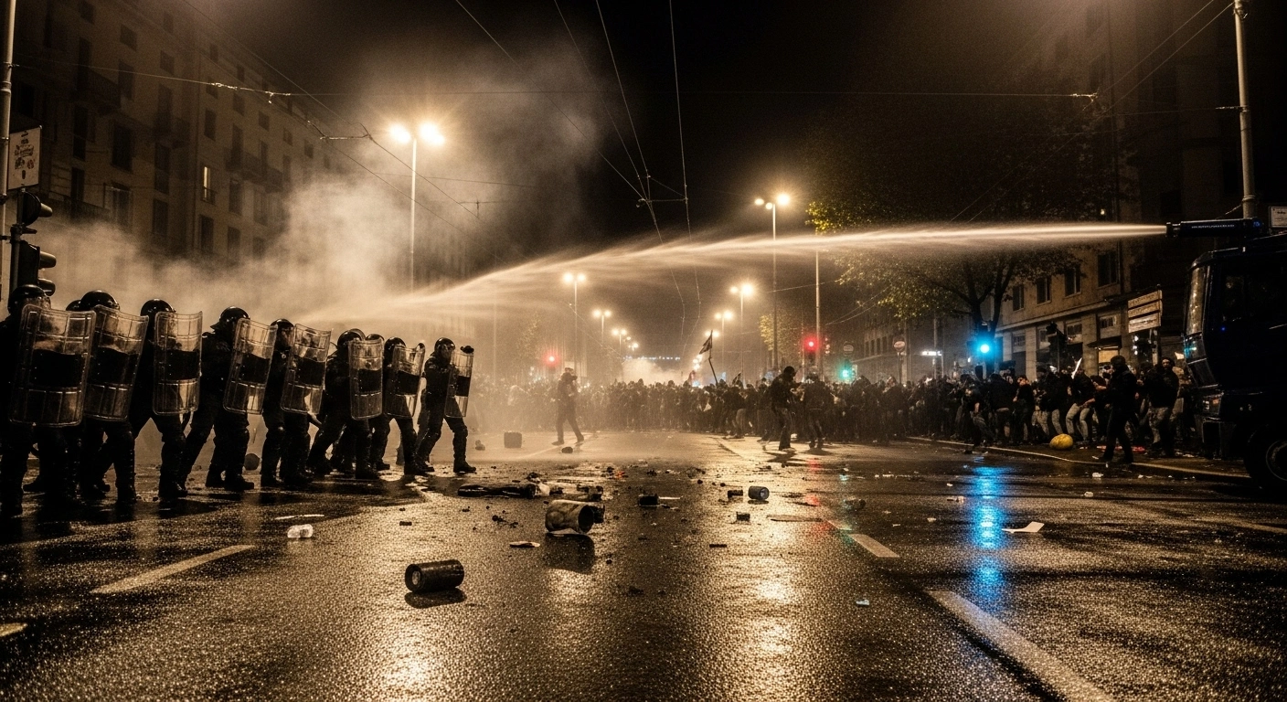 A chaotic pro-Palestine demonstration in Turin, Italy, shows riot police deploying water cannons and tear gas against protesters amidst a street clash, with projectiles visible on the ground.