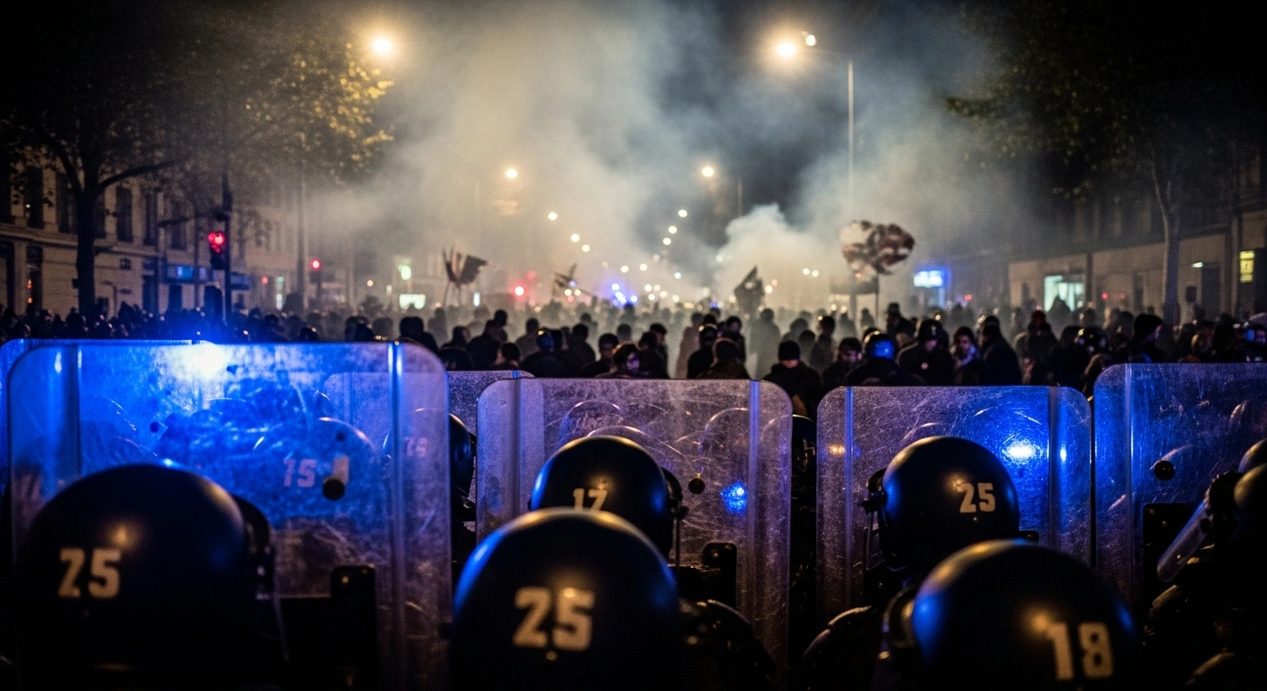 A low-angle, wide shot captures violent clashes between riot police, their shields reflecting emergency lights, and a surging crowd of demonstrators amidst smoke and flashing lights during a protest in Turin, Italy, against the eviction of the Askatasuna social center.