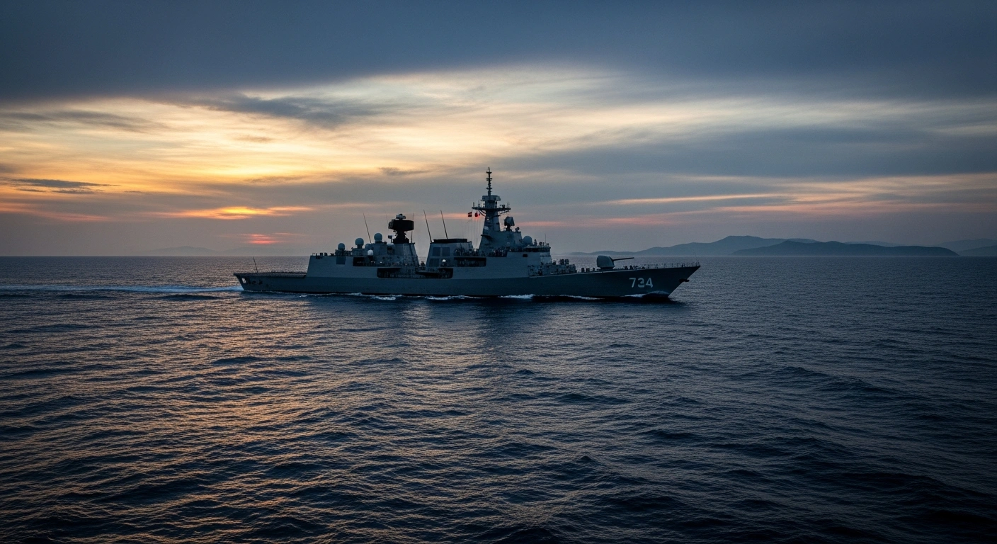 A modern Turkish naval frigate, silhouetted against a dramatic Aegean Sea sunset, patrols near a distant coastline, symbolizing Turkey's indefinite Navtex warnings and objections to Greece's activities in its claimed continental shelf, and concerns over military activities near demilitarized islands.