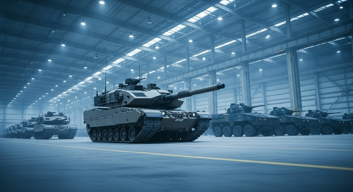 A newly manufactured Turkish Altay main battle tank stands prominently in a modern factory, with several Altug 8x8 armored vehicles lined up behind it, symbolizing the nation's launch of mass production for defense industry self-sufficiency.