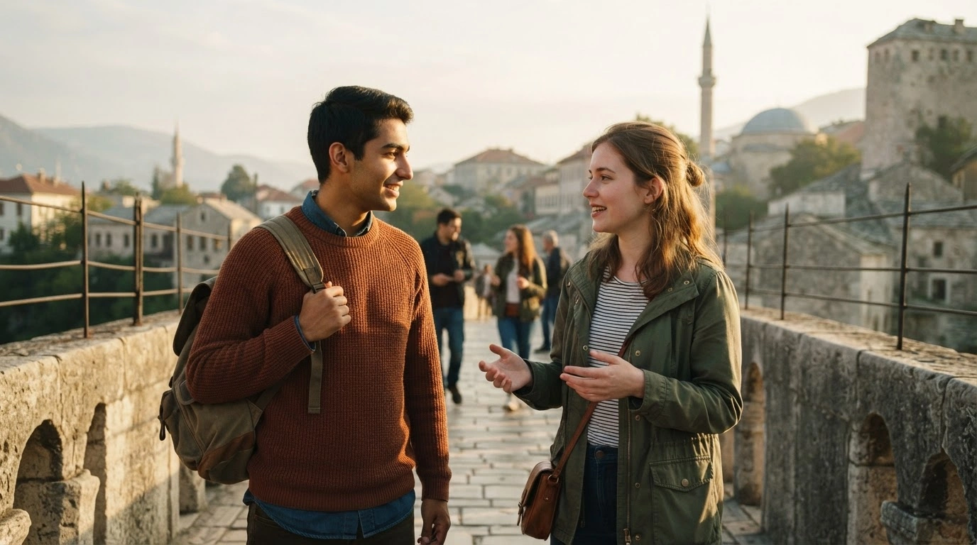 Two university students from Turkey and Armenia stand together on a bridge to represent the new student exchange program aimed at diplomatic normalization.