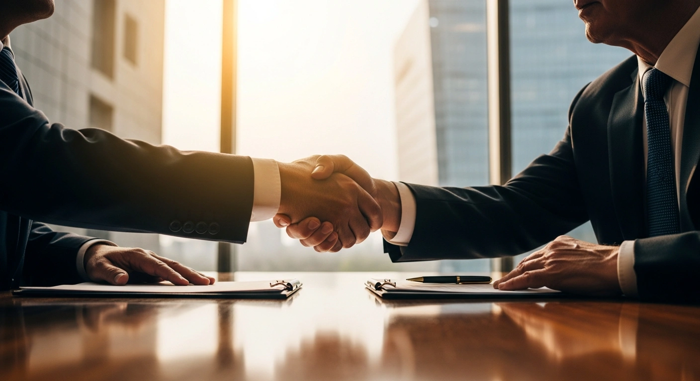 Turkish Vice President Cevdet Yılmaz and Azerbaijani Prime Minister Ali Asadov are captured in a firm handshake across a polished conference table, symbolizing the signing of a strategic cooperation agreement between Turkey and Azerbaijan.