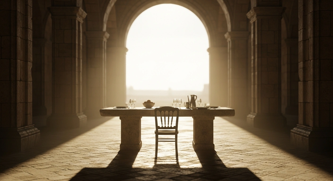 A symbolic, empty diplomatic table set in a quiet courtyard represents the Turkish Foreign Ministry's call for an immediate ceasefire and peaceful resolution to the regional conflict.