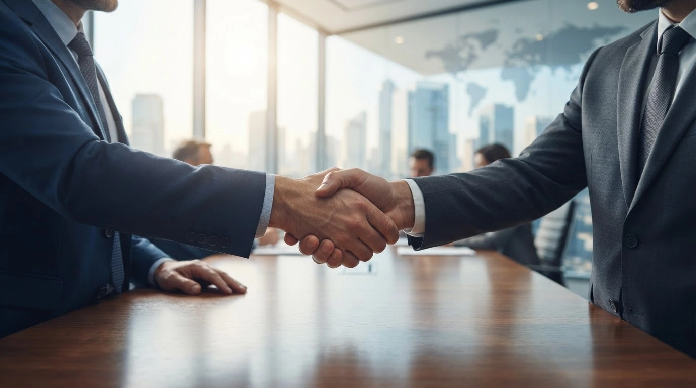 Two business professionals shake hands in a modern office to symbolize the new economic partnership and memorandum of understanding between Turkey and Canada.