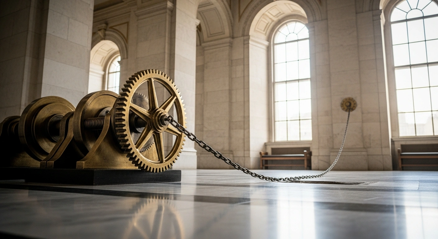 A grand marble hall bathed in soft sunlight, where a large antique brass gear slowly turns, symbolizing Turkey's central bank reducing its benchmark interest rate by 100 basis points to 37 percent, continuing an easing cycle driven by an easing underlying inflation trend.