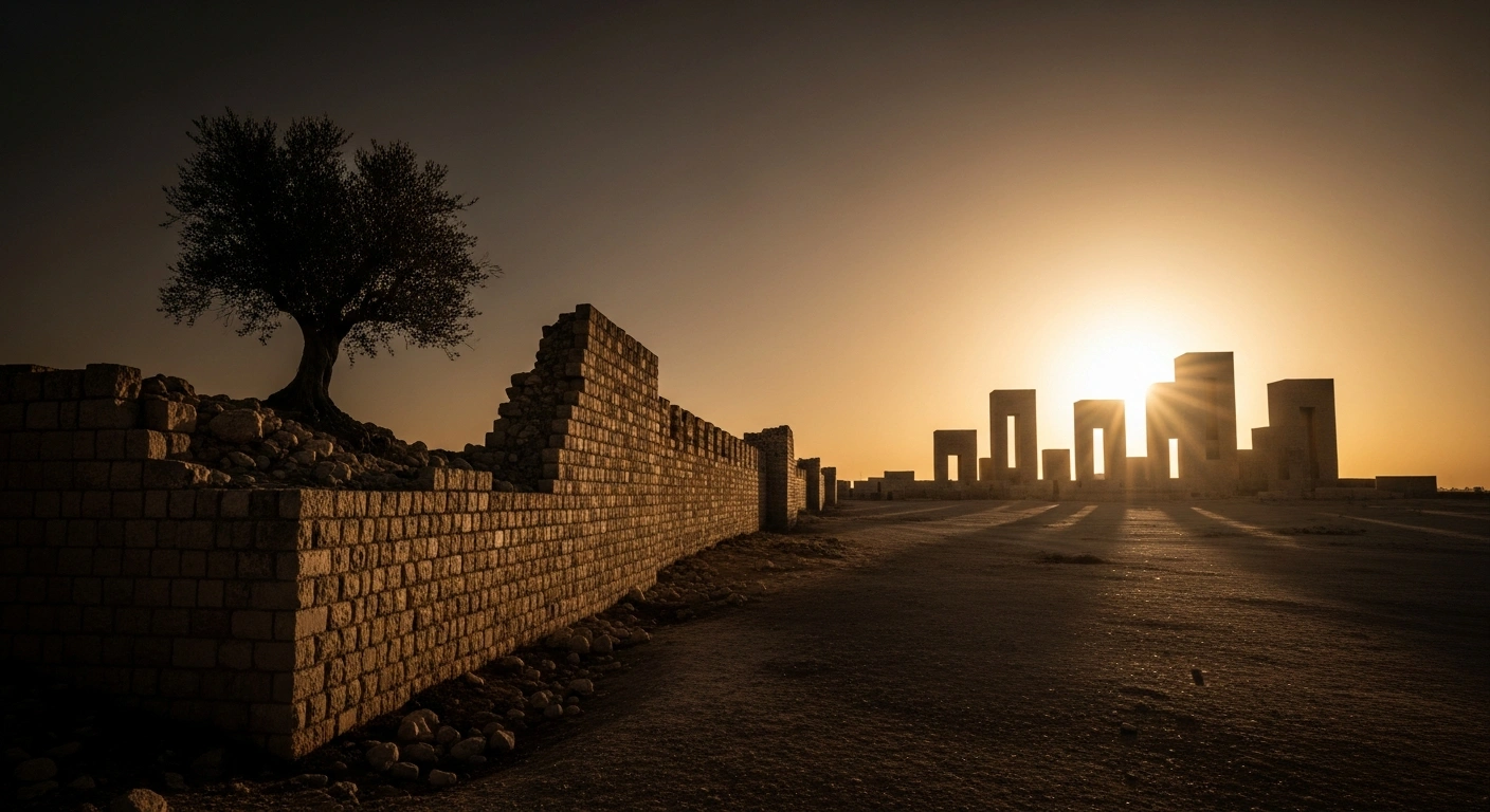 A wide, cinematic shot of a desolate, sun-baked landscape in the West Bank, featuring a crumbling ancient stone wall in the foreground and modern, geometric structures encroaching from the mid-ground under a bruised twilight sky, visually representing the undermining of a two-state solution and concerns of de facto annexation, as condemned by Turkey.