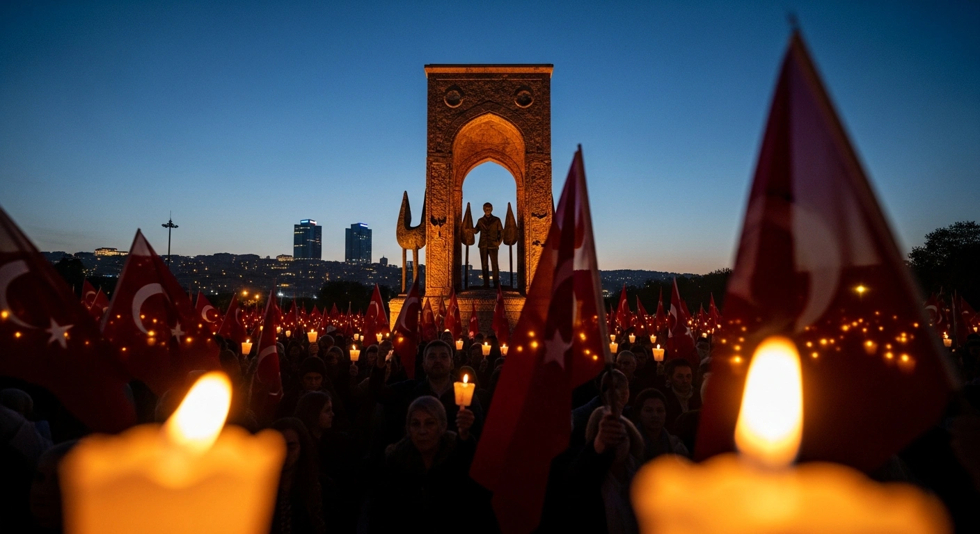 A crowd of people gathers at a memorial ceremony in Turkey to honor the victims of the 2016 failed coup attempt.