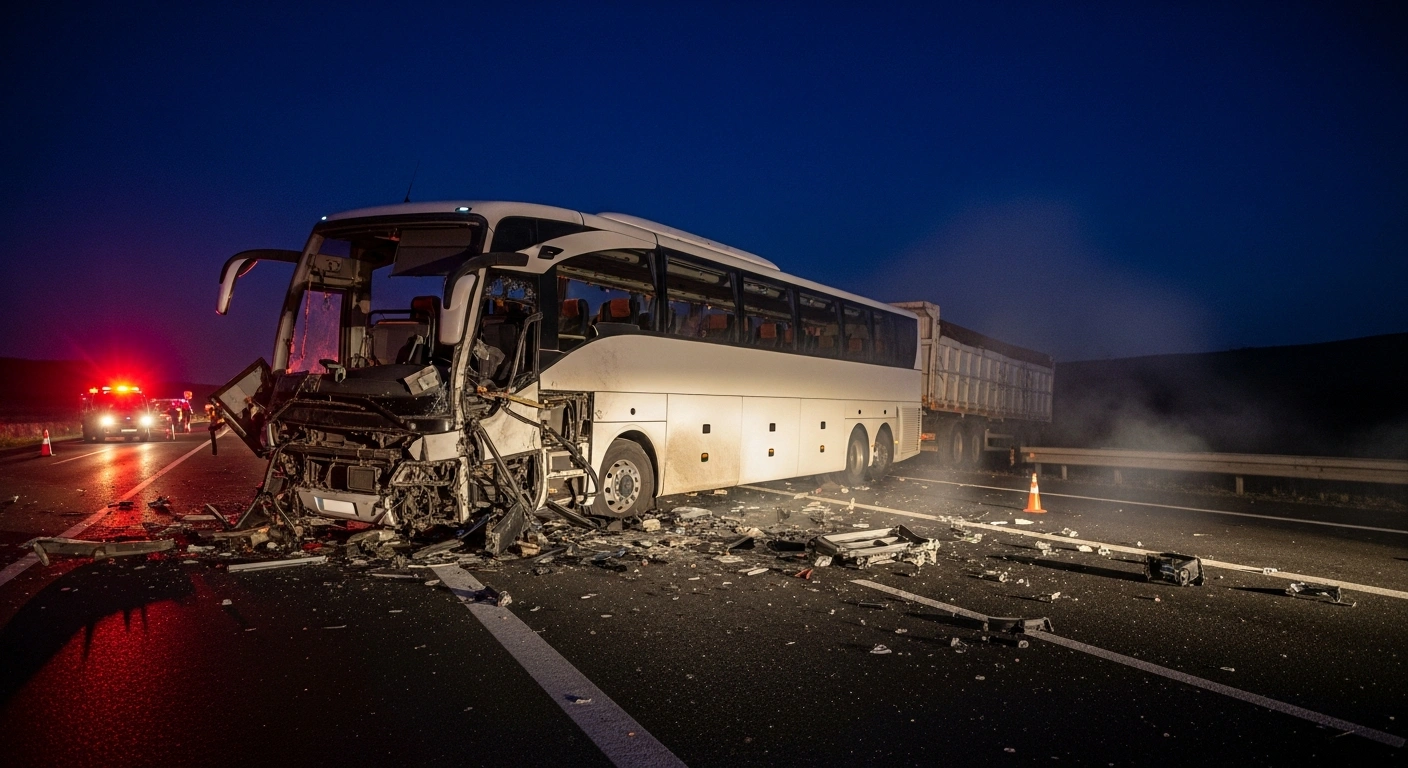 The devastating aftermath of a deadly bus crash on the Adana-Gaziantep highway in Turkey, showing the mangled front of an intercity bus deeply embedded into the rear of a stationary truck, illuminated by the flashing lights of emergency vehicles.