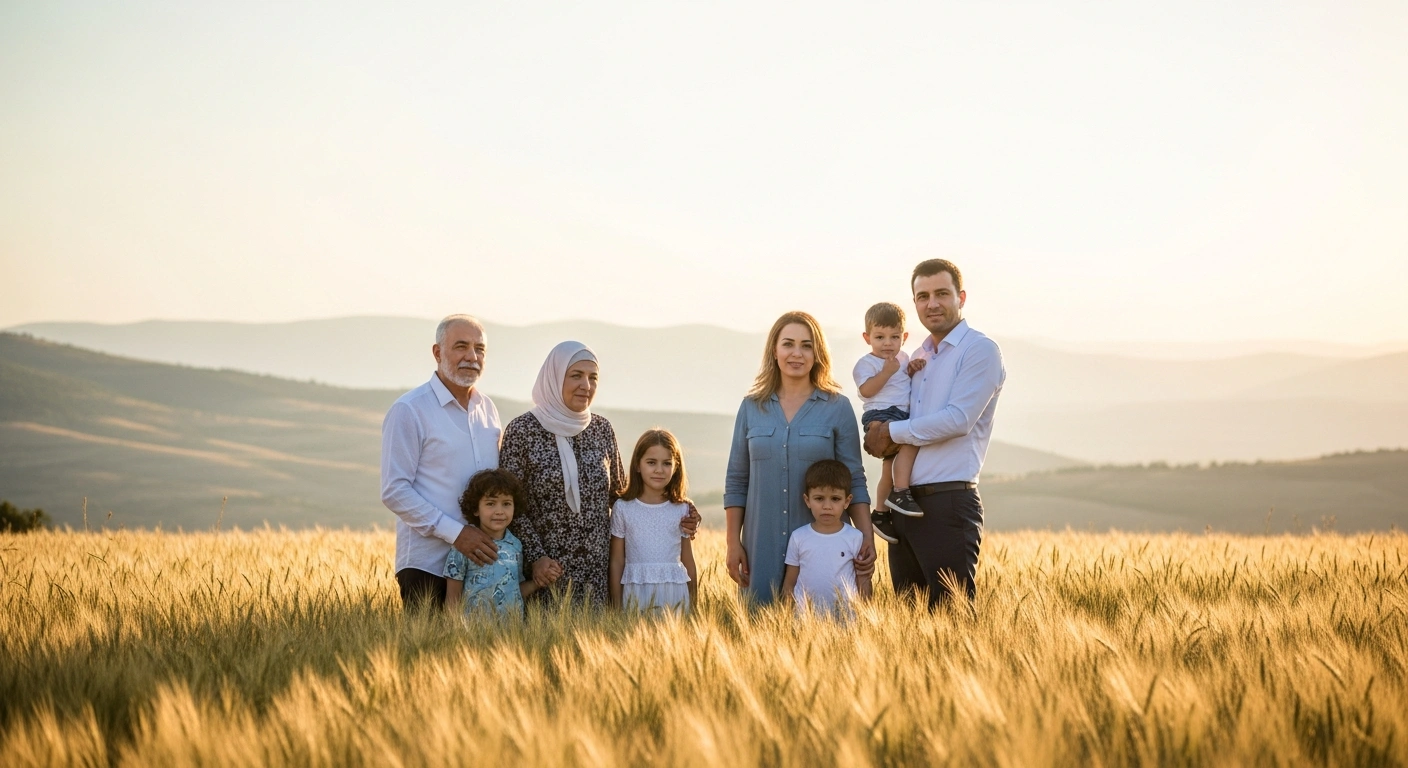 A multi-generational Turkish family stands together in a sunlit field to represent the Decade of Family and Demography initiative in Turkey.