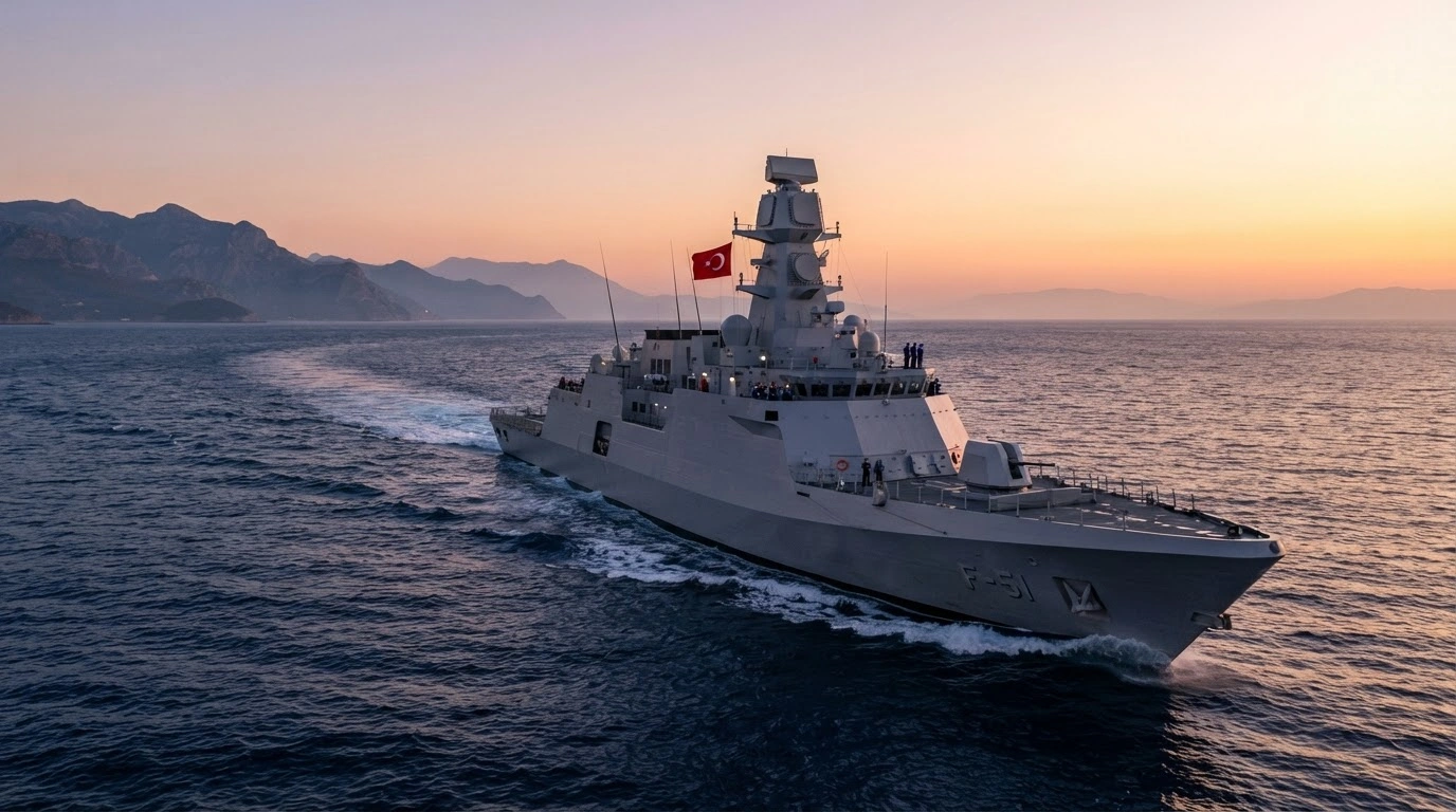 A modern Turkish naval frigate patrols the sea as part of the government's increased investment in defense and military modernization.