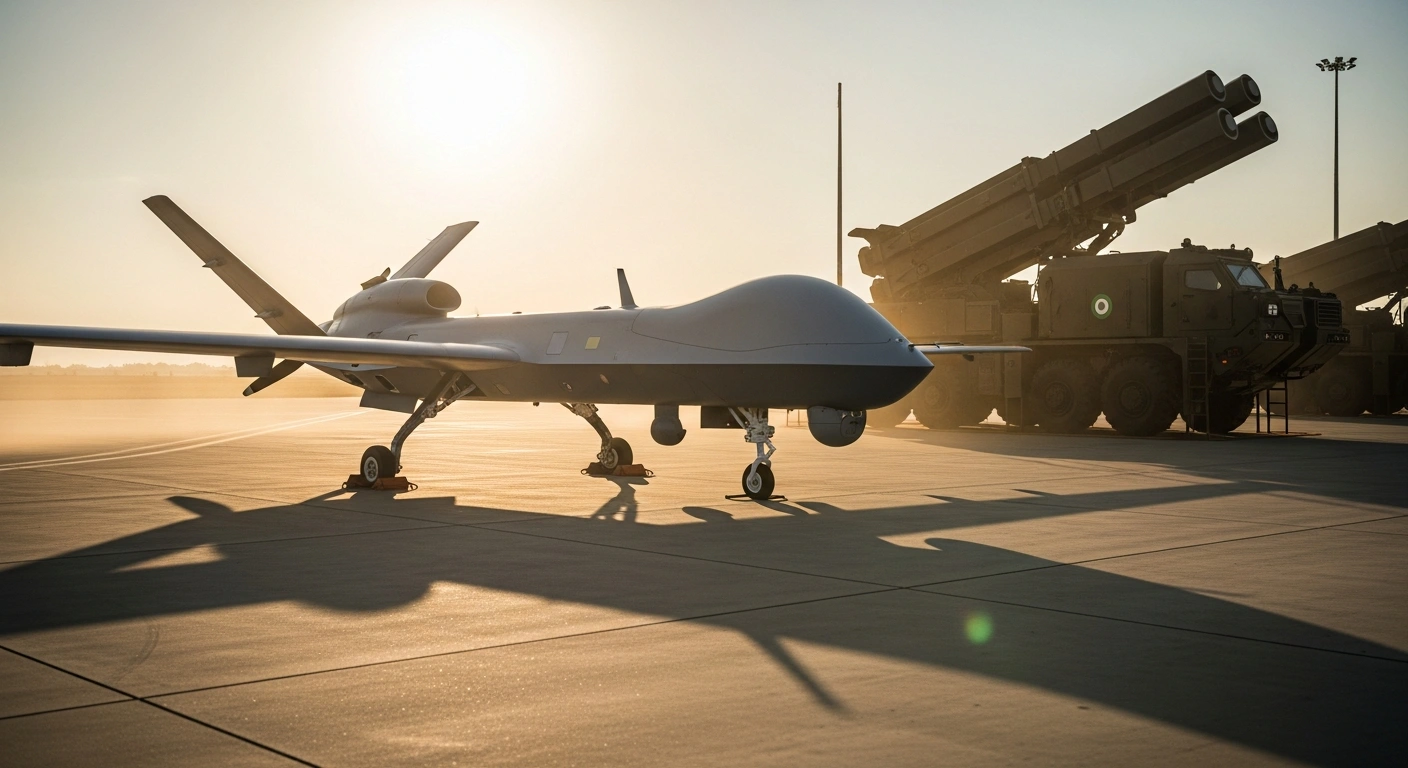A modern Turkish unmanned aerial vehicle and an indigenous air-defense system are displayed at a defense exhibition to showcase Turkey's military technology.