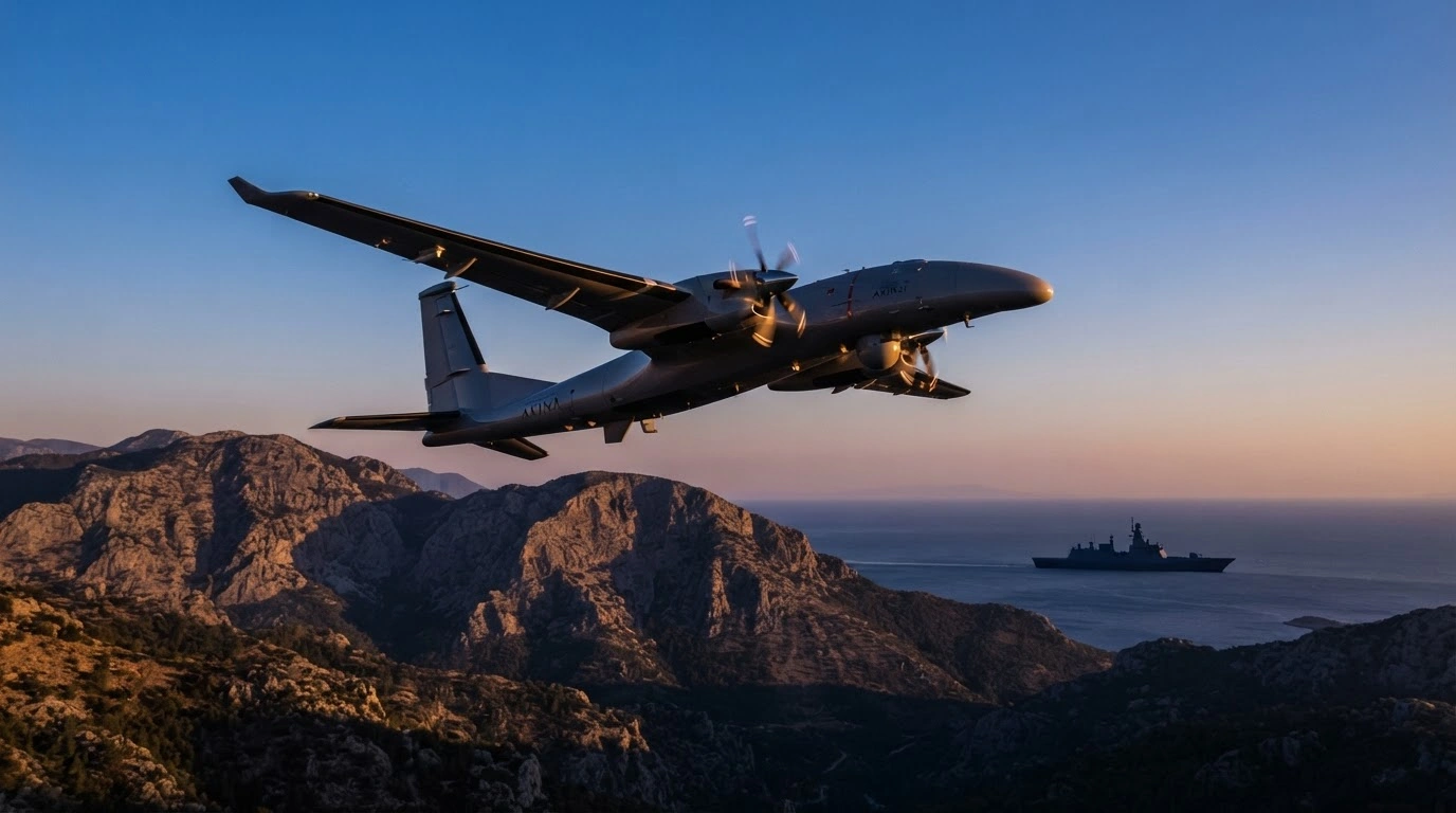 A modern Turkish military drone flies over a mountainous landscape to represent the country's increased investment in domestic defense technology.