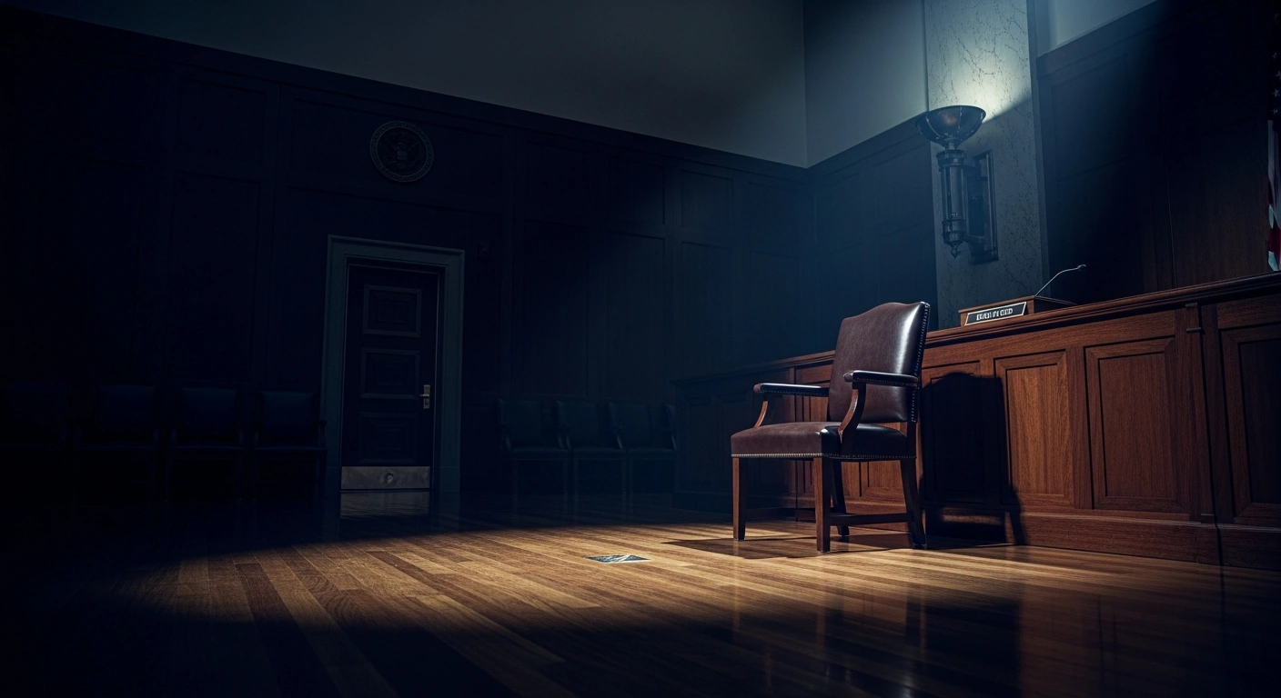 An empty witness chair sits in a dimly lit congressional hearing room during a discussion about democratic erosion in Turkey.