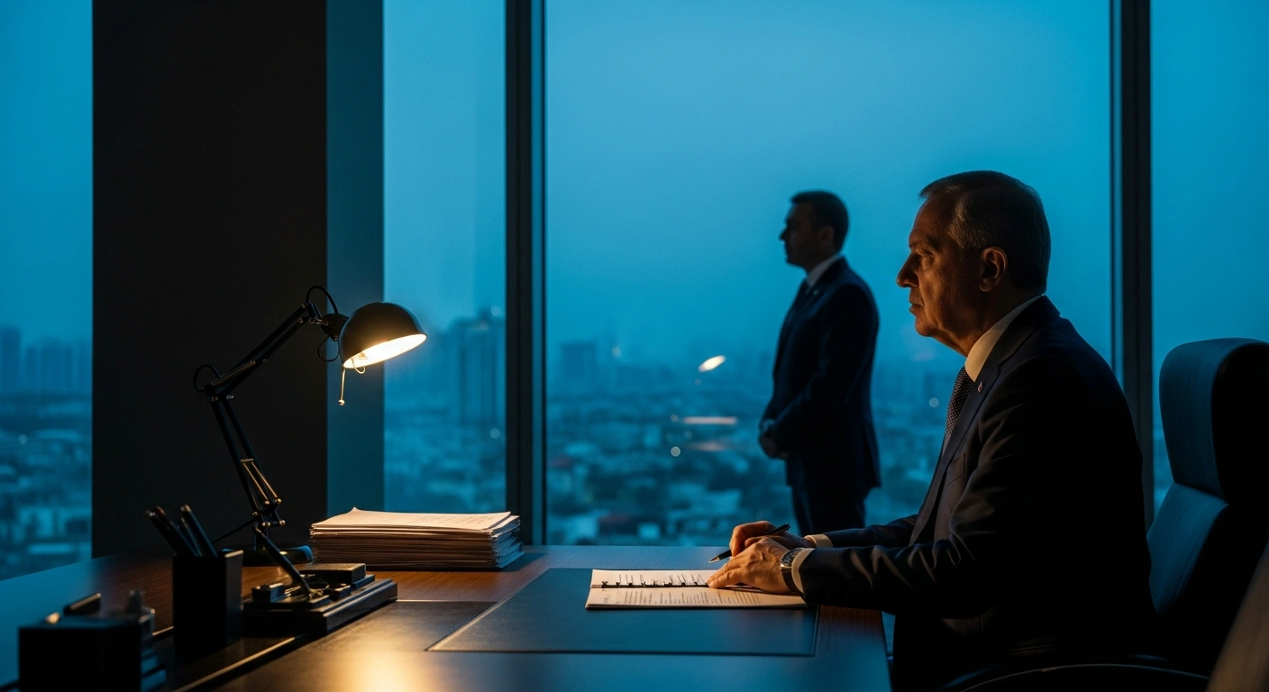 Turkish Foreign Minister Hakan Fidan stands in a modern office while leading diplomatic efforts to de-escalate the conflict in the Middle East.