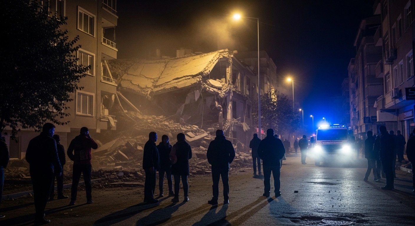 A night scene in Turkey's Balıkesir province shows emergency vehicle lights illuminating dust and a partially collapsed building after a 6.1-magnitude earthquake, with a small group of residents huddling nearby, reflecting the reported minor injuries and no fatalities.