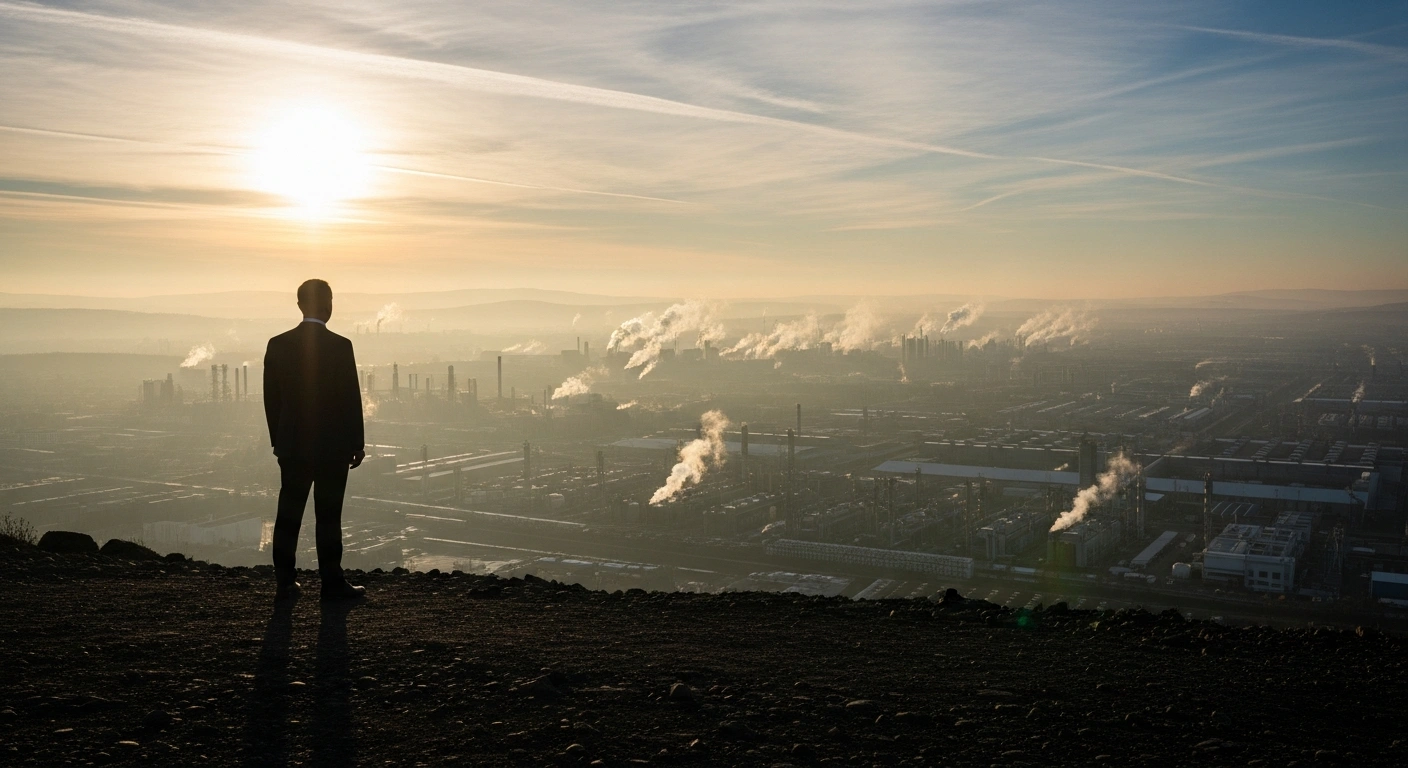 A determined figure, representing Turkish economic policy, stands silhouetted against a sunrise, overlooking a vast, organized industrial complex, symbolizing Türkiye's efforts to curb inflation and bolster production and exports.