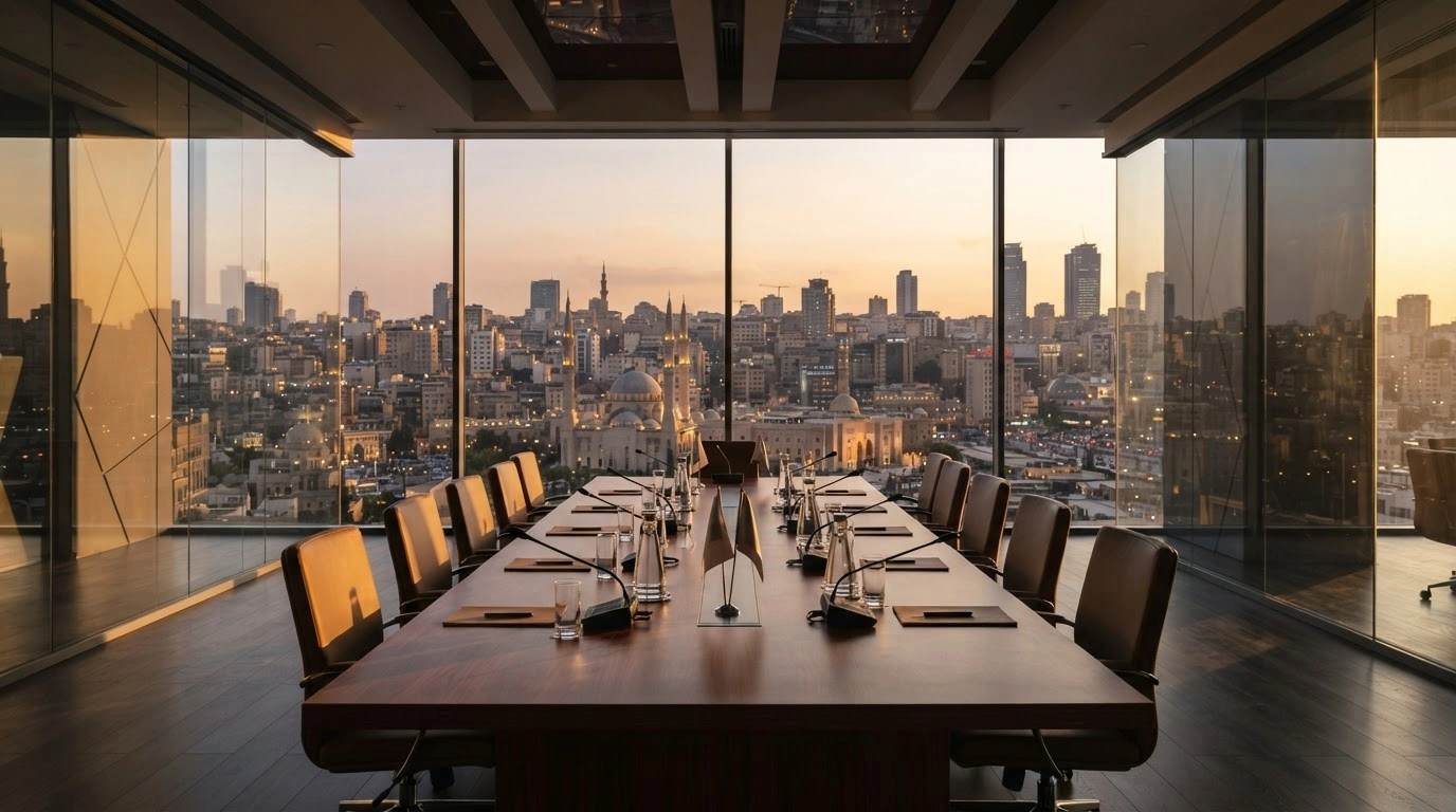 A professional conference room setting represents the potential defense cooperation between Turkey, Egypt, Saudi Arabia, and Pakistan.