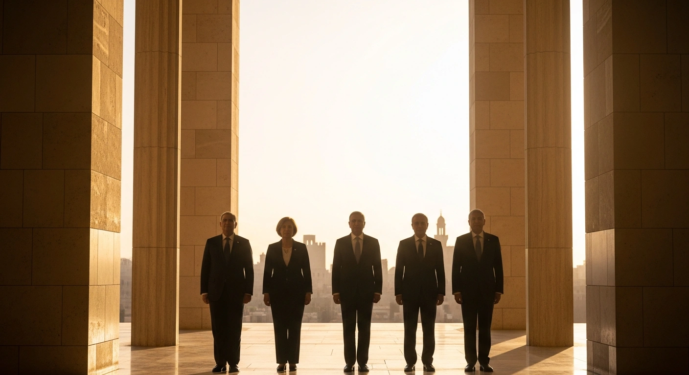 Diplomats representing Turkey, Egypt, Saudi Arabia, and Pakistan stand together in a modern hall to symbolize a new regional defense cooperation framework.