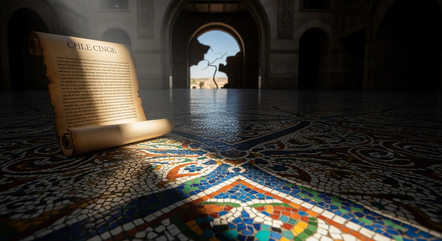 A partially unfurled, official-looking scroll, representing the European Union's 2025 progress report, casts a long shadow across an intricate mosaic floor, symbolizing Turkey's strong criticism of the report as biased, prejudiced, and baseless, undermining efforts for a positive EU-Turkey agenda.