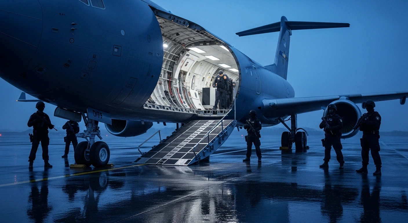 Turkish law enforcement officers oversee the extradition of individuals arriving on a transport aircraft at an airport.