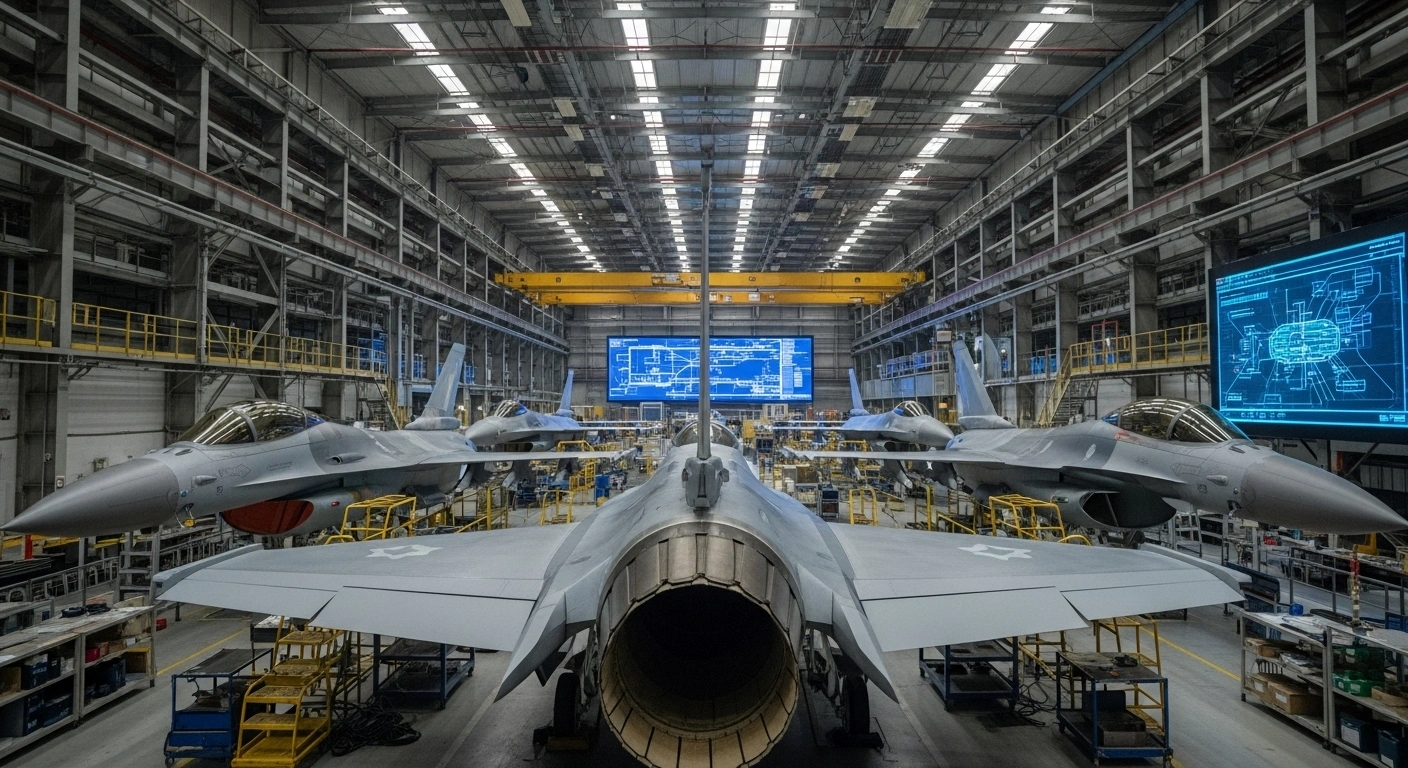 A wide, low-angle shot inside a Turkish aerospace factory shows the production of F-16 and F-35 jet components, with precision welding and machinery illuminated by cool blue light from a digital schematic display, representing Turkey's defense industry boost and potential F-35 program re-entry.