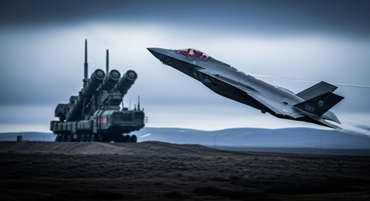 An F-35 fighter jet flies through the sky while an S-400 missile defense system remains stationed on the ground, representing Turkey's exclusion from the defense program.