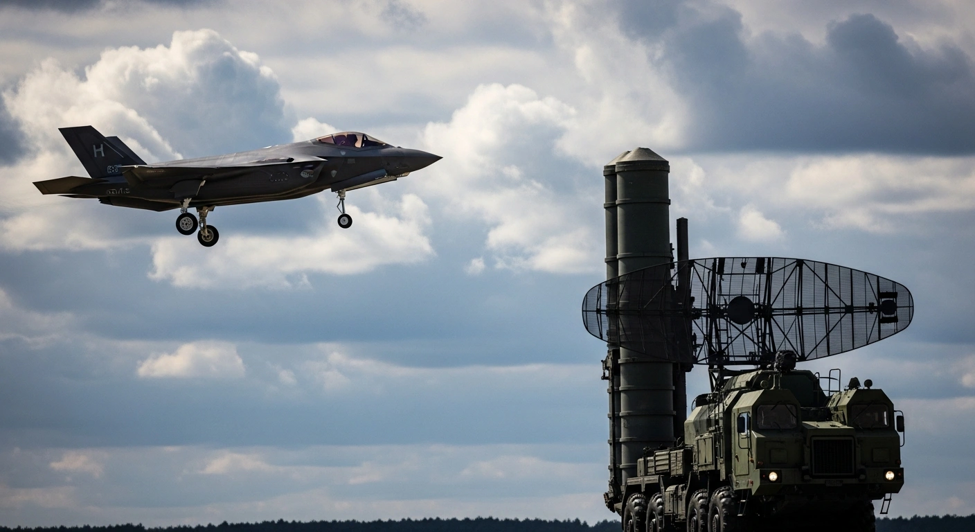 A sleek F-35 fighter jet is depicted almost within reach but held back, with the imposing silhouette of a Russian S-400 missile launcher looming in the background, illustrating the geopolitical tension over Turkey's potential acquisition.