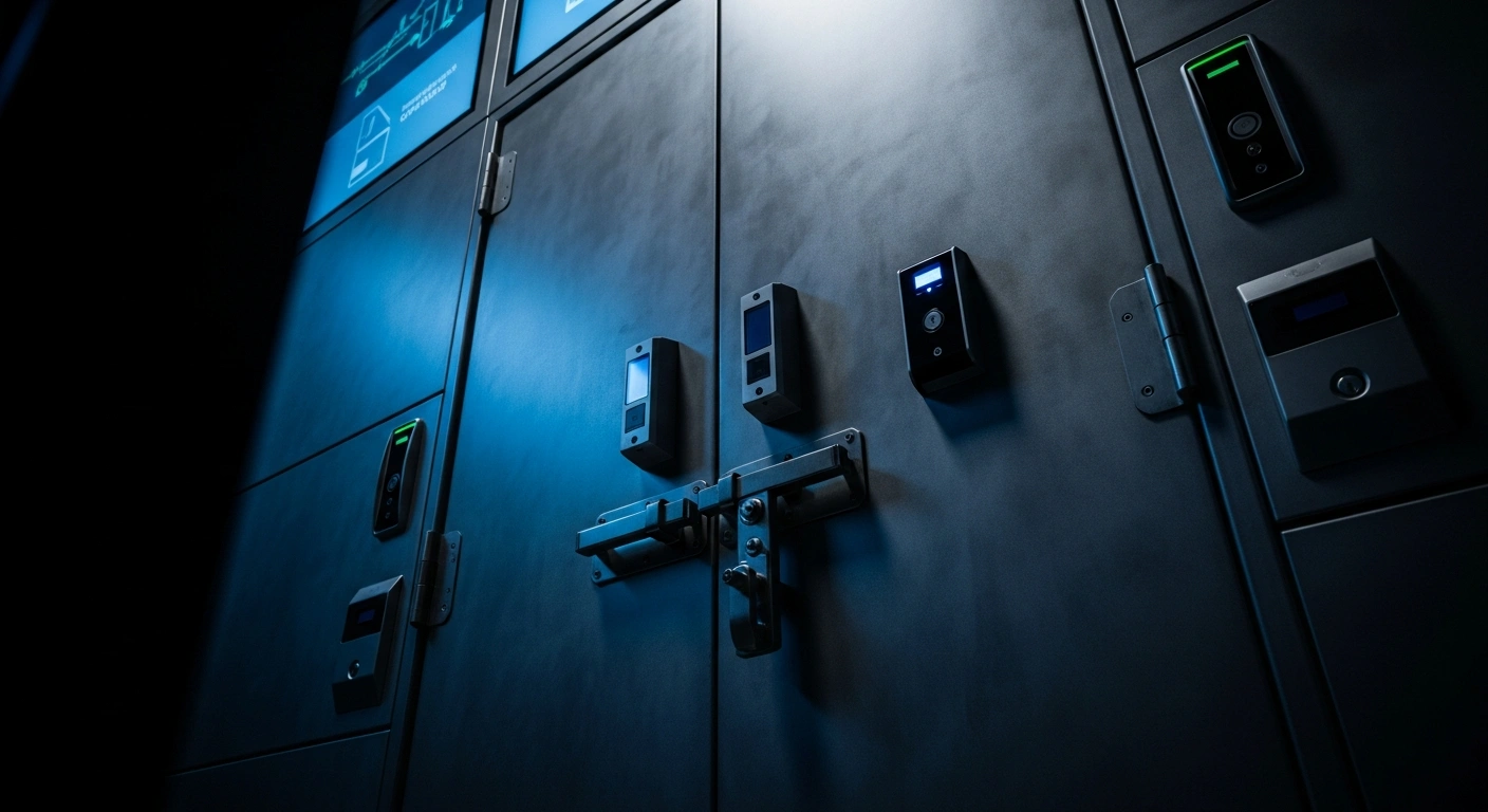 A massive, reinforced steel door with intricate biometric scanners and heavy locking mechanisms is subtly illuminated by cool blue light within a modern, high-security financial control center, symbolizing Turkey's new stringent financial transfer rules against illegal betting, money laundering, and organized crime.