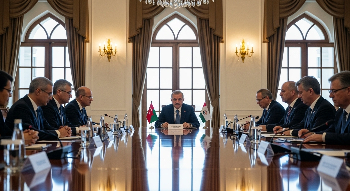 Turkey's Intelligence Chief Ibrahim Kalin participates in multilateral talks in a grand, subtly lit conference room in Doha, alongside representatives from Qatar, Egypt, and Hamas, discussing a new U.S.-backed 20-point peace plan for Gaza.