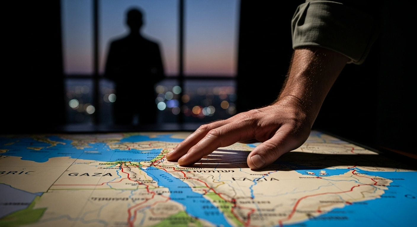 A close-up view of a hand, symbolizing Turkish President Recep Tayyip Erdogan, resting on a strategic map highlighting the Gaza region, under dramatic lighting, representing Turkey's evaluation of deploying security forces to an international stabilization force in Gaza, following ceasefire negotiations and despite Israeli opposition.