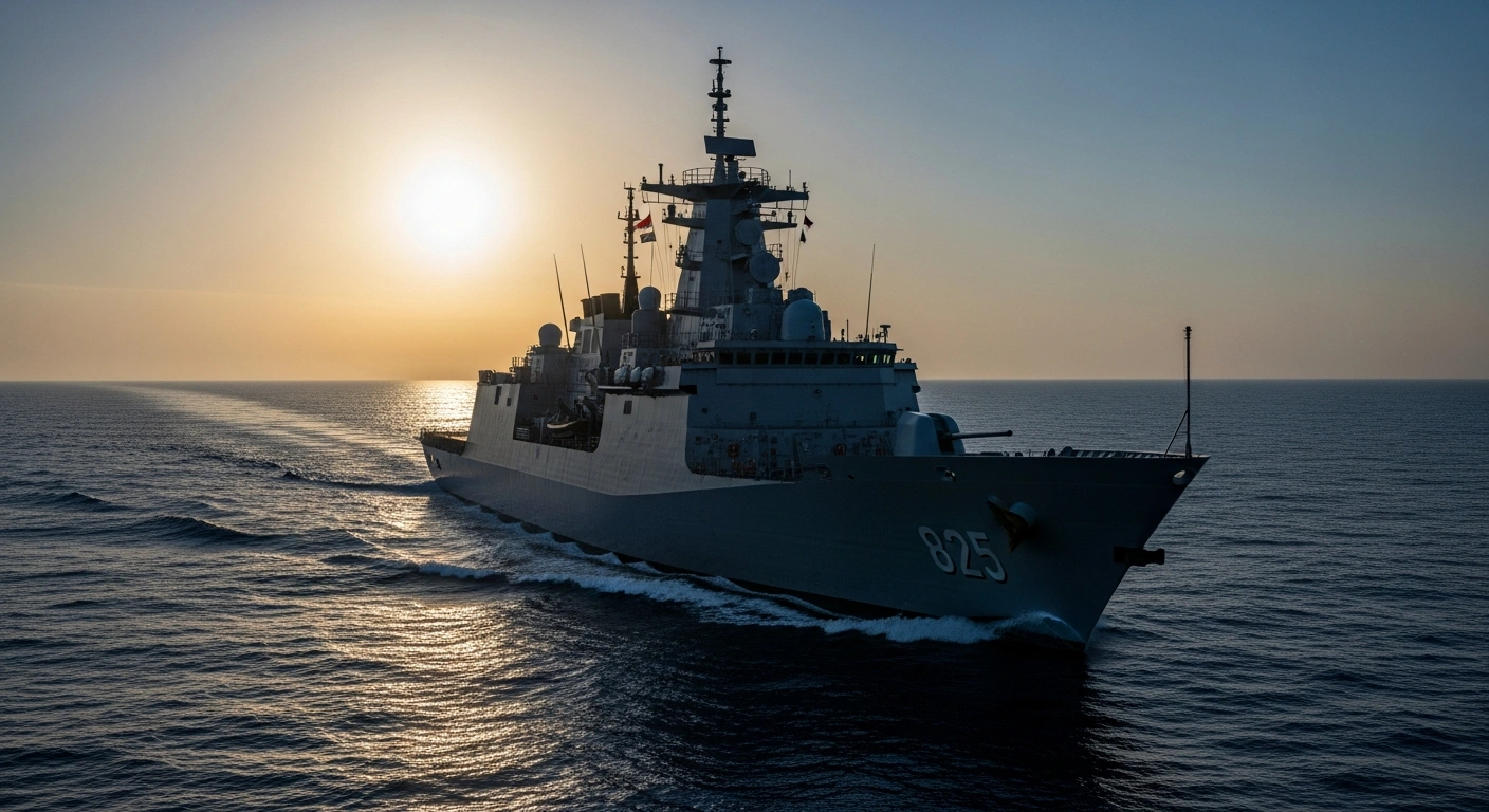 A modern naval vessel cuts through the Aegean Sea at dawn, symbolizing Turkey's indefinite Navtex warnings and escalating maritime disputes with Greece over research activities on the continental shelf.