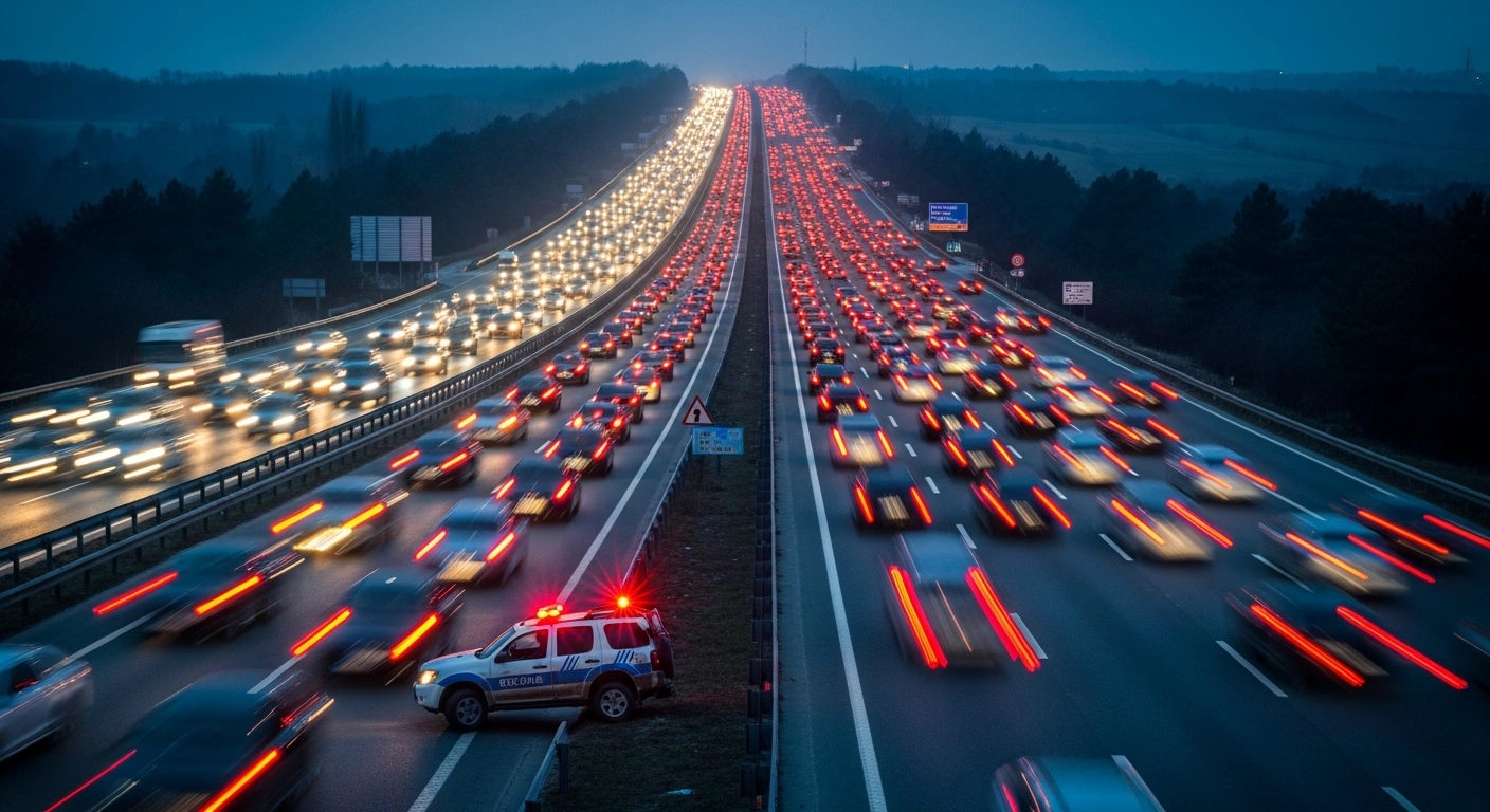 A long exposure photograph shows heavy holiday traffic on a Turkish highway during the Eid al-Adha festival period.