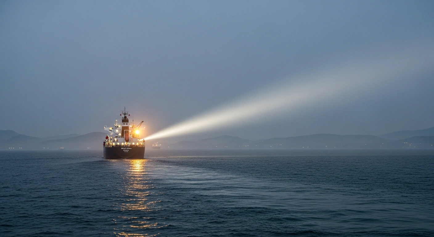 A Turkish-flagged cargo vessel, illuminated by a powerful searchlight, navigates the misty Strait of Hormuz at pre-dawn, symbolizing Turkey's raised security level for its vessels amidst heightened regional tensions.