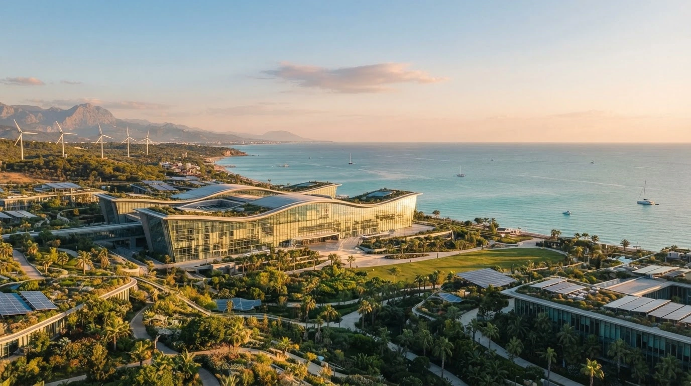 A modern sustainable convention center sits on the Antalya coastline as Turkey prepares to host the UN Climate Change Conference COP31.