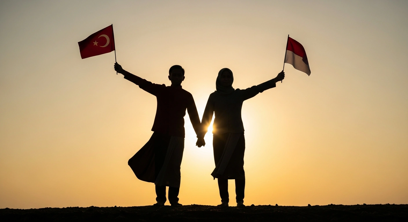 Two silhouetted figures, one representing Turkey and the other Indonesia, stand united against a golden hour sky, symbolizing 75 years of strengthening diplomatic relations and cooperation across defense, economy, education, and culture.